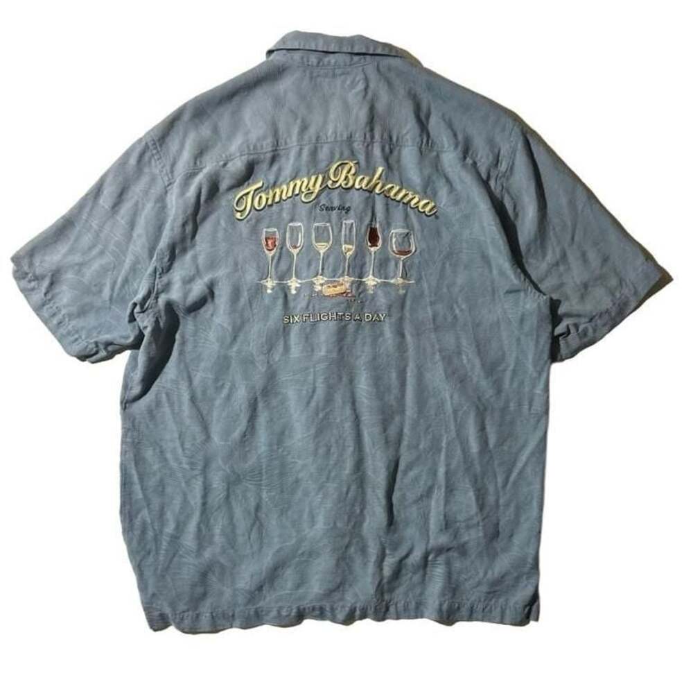 RARE factory sample Tommy Bahama Six Flights A Day Blue Silk Camp Shirt